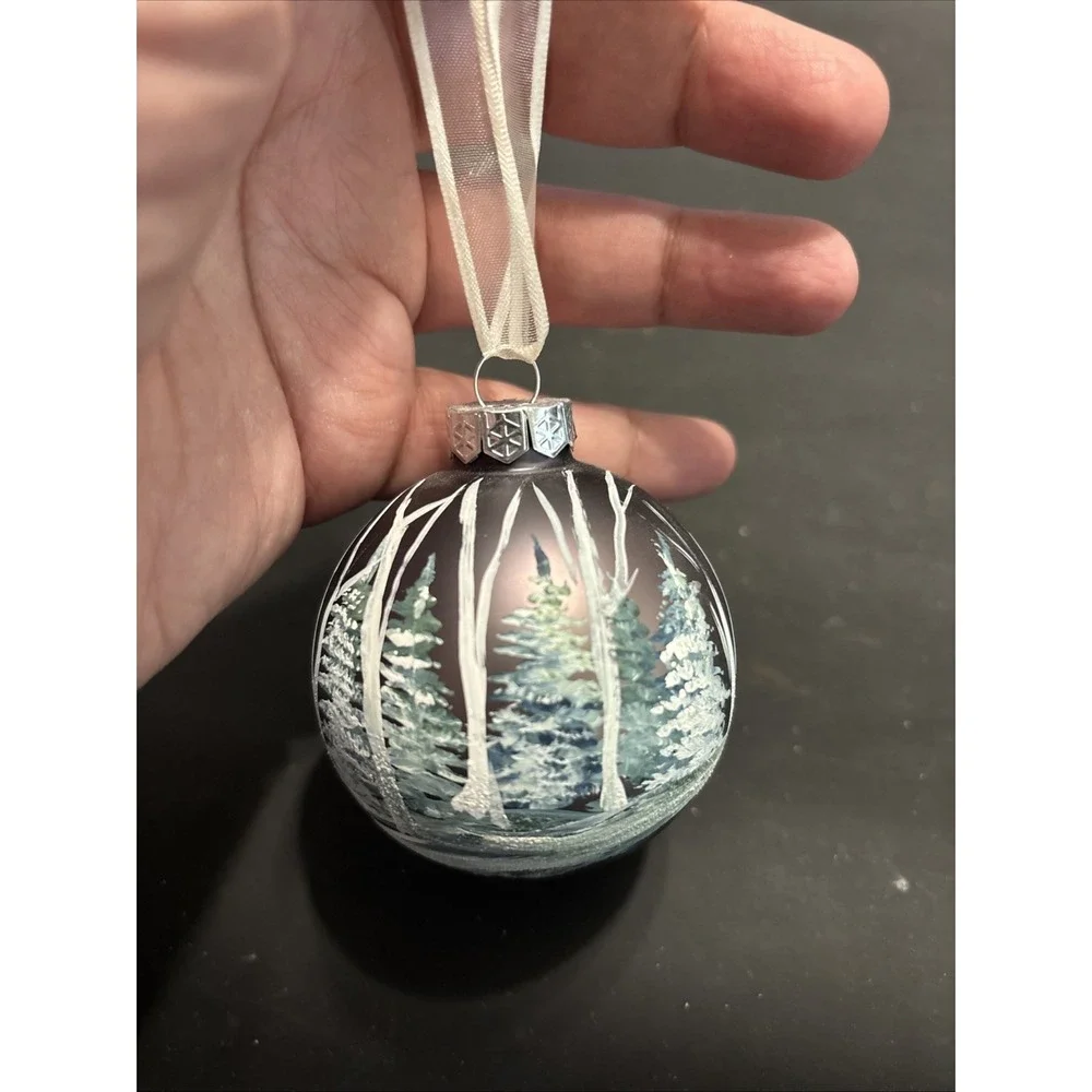 Hand Painted Glass Ball Christmas Ornament Winter Snowy Forest Trees Matte Gray